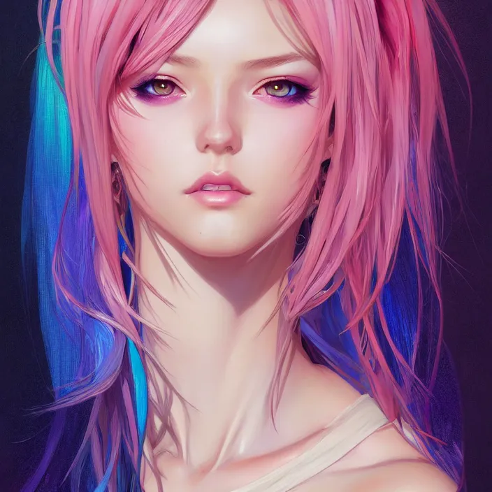 Image similar to portrait of beautiful symmetrical anime girl, rainbow hair, attractive, casual, modern, victoria's secret, highly detailed, digital painting, artstation, concept art, smooth, sharp focus, illustration, art by moebius artgerm, greg rutkowski and alphonse mucha, 8 k,