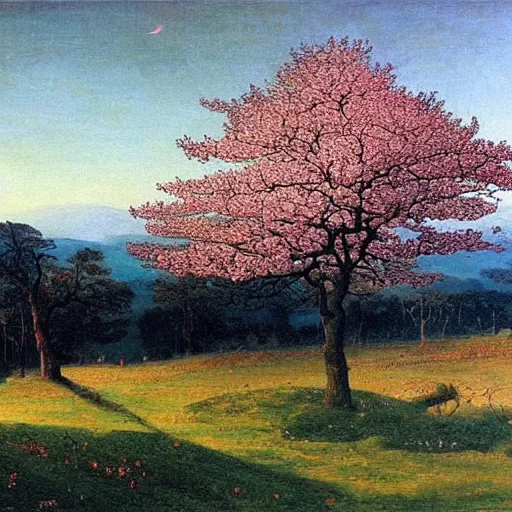 Prompt: beautiful landscape with cherry trees, painted by Caspar David Friedrich, painting