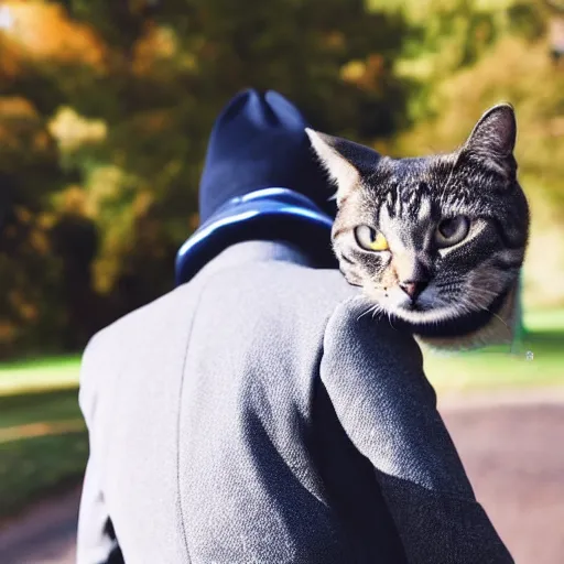 Image similar to a gentleman cat wearing a black jacket and a cap