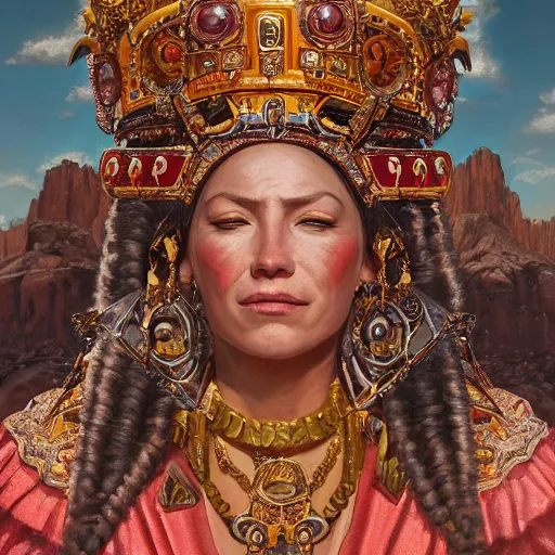 Image similar to an portrait of an happy female aztec empress, detailed, centered, digital painting, artstation, concept art, donato giancola, Joseph Christian Leyendecker, WLOP, Boris Vallejo, Breathtaking, 8k resolution, extremely detailed, beautiful, establishing shot, artistic, hyperrealistic, beautiful face, octane render