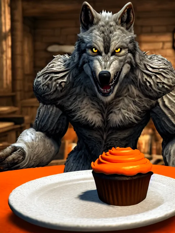 Image similar to cute handsome cuddly burly surly relaxed calm timid werewolf from van helsing holding a delicious cupcake with orange frosting sitting down at the breakfast table in the kitchen of a normal suburban home unreal engine hyperreallistic render 8k character concept art masterpiece screenshot from the video game the Elder Scrolls V: Skyrim