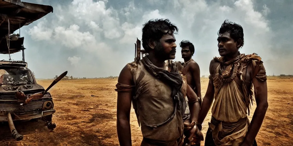 Prompt: sri lankan mad max style, film still, epic shot cinematography, rule of thirds