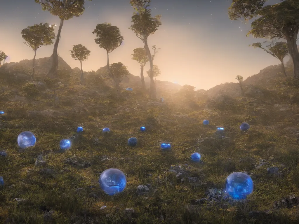 Prompt: Multitudes of Small Brightly Glowing Blue alien orbs on stalks in an otherworldly valley at dusk; 3D Rendered matte painting, subsurface scattering, DSLR, trending on Artstation Unreal Engine VRay