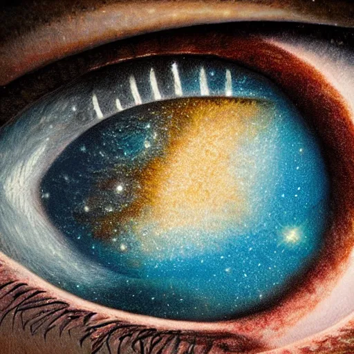 Image similar to a highly detailed photorealistic painting of the milky way galaxy reflecting off a human eye