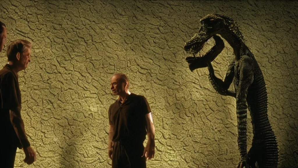 Image similar to a man talking to a reptilian humanoid, reptile, reptilian, movie still, cinematic composition, cinematic light, criterion collection, Movie by David Lynch and Ridley Scott