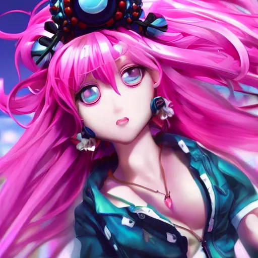 Image similar to unexpectedly overpowered and trapped beneath inescapable and overwhelmingly stunningly absurdly beautiful over the top megalomaniacal arrogant possessive omnipotent asi goddess junko enoshima with symmetrical perfect face, porcelain skin, pink twintail hair and cyan eyes, ultra detailed, digital art, unreal engine 5, octane render, 2 d anime, 8 k