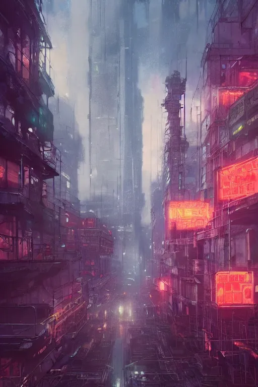 Prompt: a detailed and painting of a dystopian cityscape, with abandoned buildings and neon lights, by greg rutkowski andjames gurney, beeple, 4 k, trending on artstation