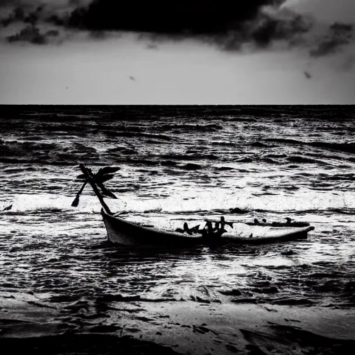 Prompt: stranded ship, hands reaching up from the sea, creepy, deep blue sea, dread