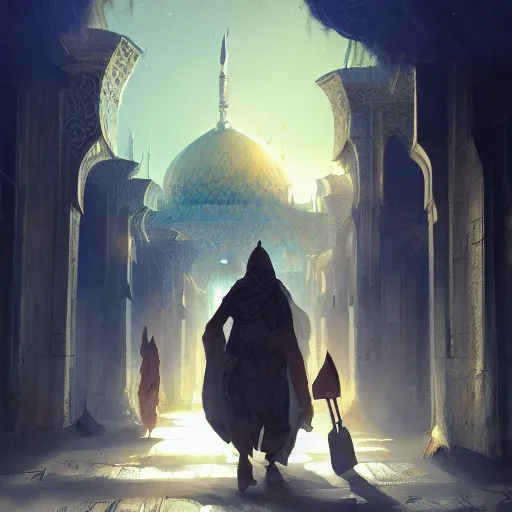 Image similar to Hyperdetailed masterpiece concept art of bedouin walking towards mosque, surrounded by nebula hyperdetailed concept art by Greg Rutkowski and Ross Tran, high quality DnD illustration, trending on ArtStation, all rights reserved Wizards of the Coast