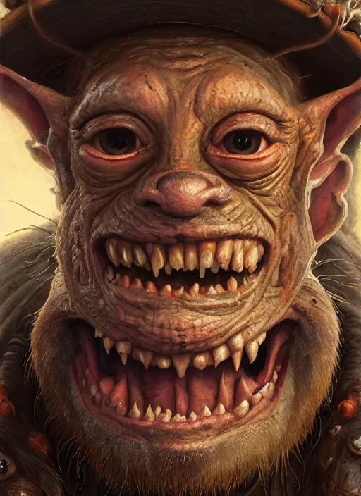 Prompt: highly detailed closeup portrait of a medieval goblin wearing a jesters hat, stephen bliss, unreal engine, greg rutkowski, ilya kuvshinov, ross draws, hyung tae and frank frazetta, tom bagshaw, tom whalen, nicoletta ceccoli, mark ryden, earl norem, global illumination, god rays, detailed and intricate environment