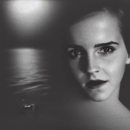 Image similar to night time, emma watson rising out of muddy vietnam river, face covered in mud, low camera angle at water level, night time, dark, polaroid, 2 0 0 mm zoom,