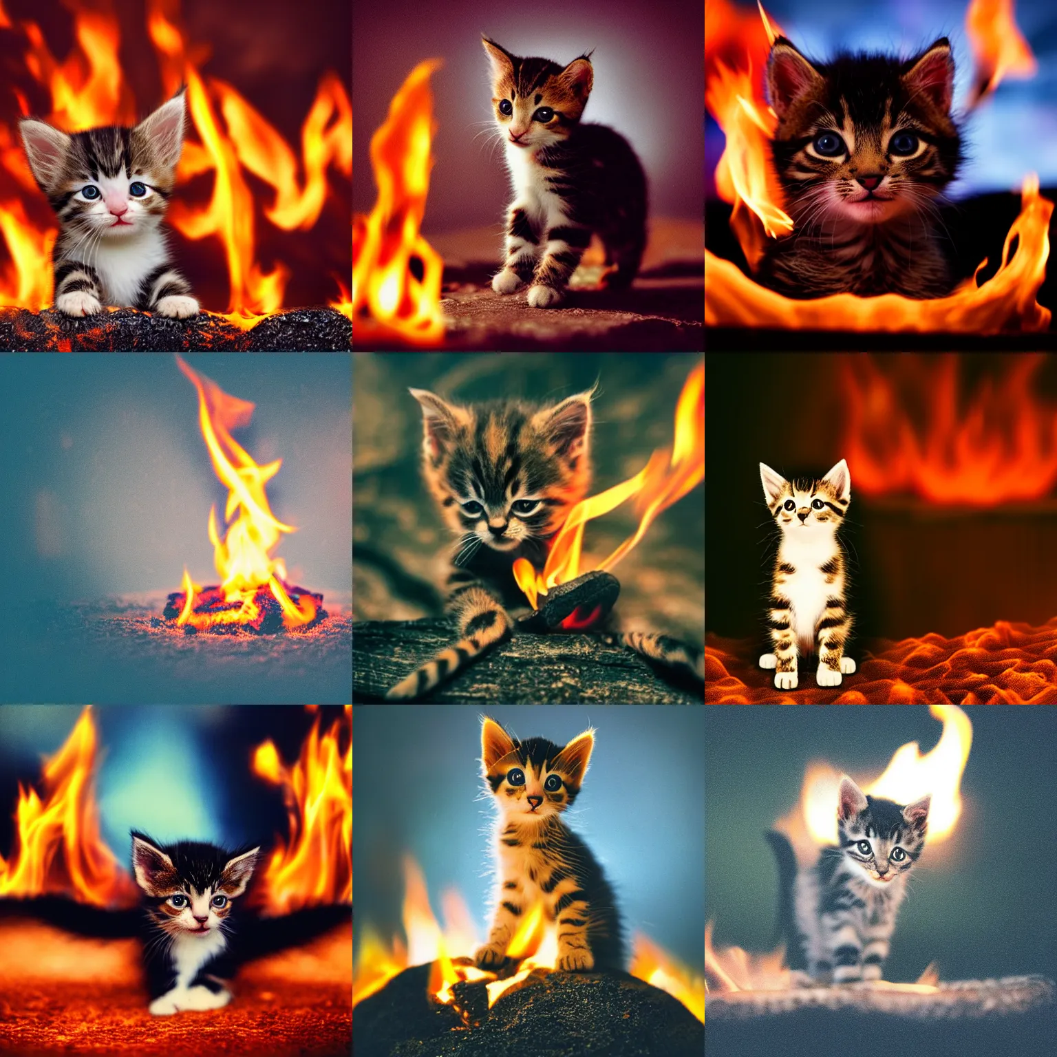 Prompt: extreme long shot vhs photo of a cute kitten standing in fire, at night, award winning photo, high detail, atmospheric, 8k