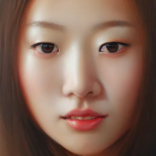 Image similar to perfect, realistic oil painting of close-up japanese girl face, by Sakimichan, by an American professional senior artist, Hollywood concept, dynamic composition and motion, postproduction.