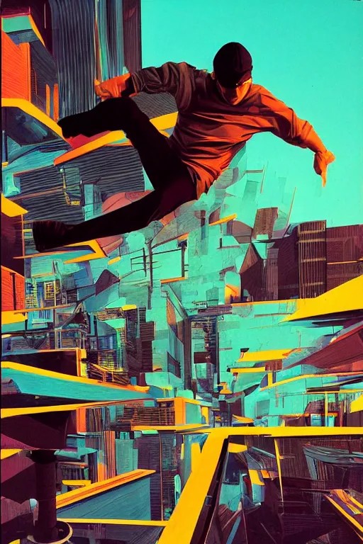 Image similar to wideangle action, parkour runner, flow zone, decoherence, synthwave, glitch!!, fracture, vortex, realistic, hyperdetailed, concept art, golden hour, art by syd mead, cubism