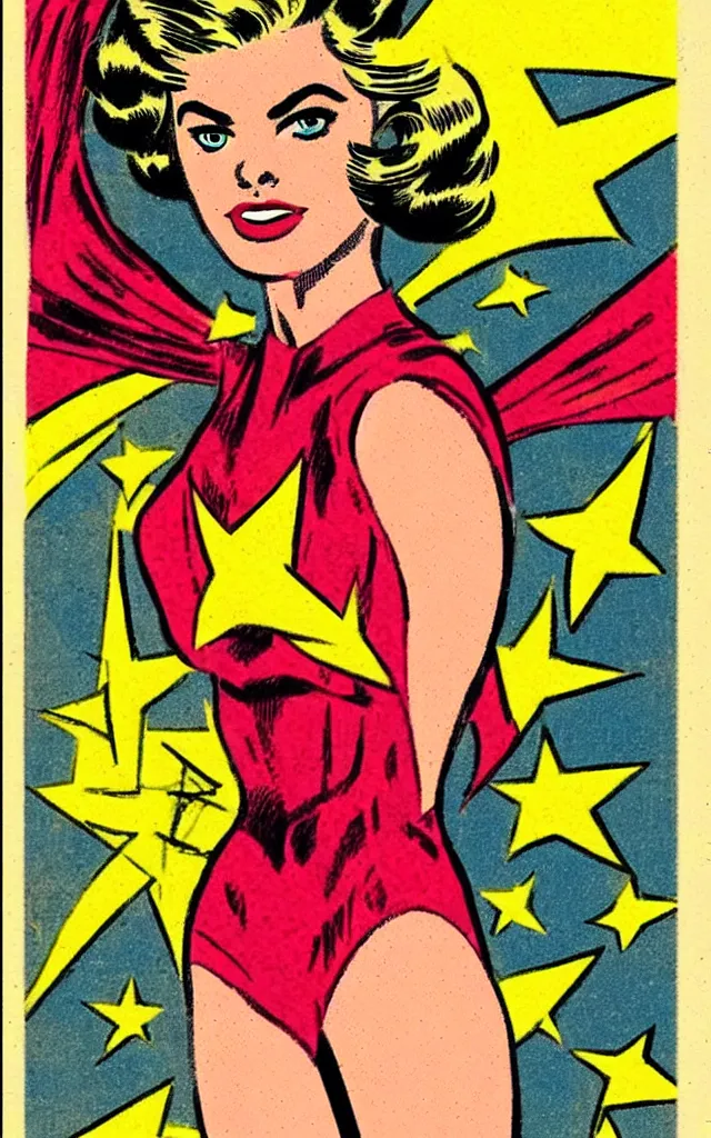 Prompt: vintage comic golden age superhero samara weaving illustration