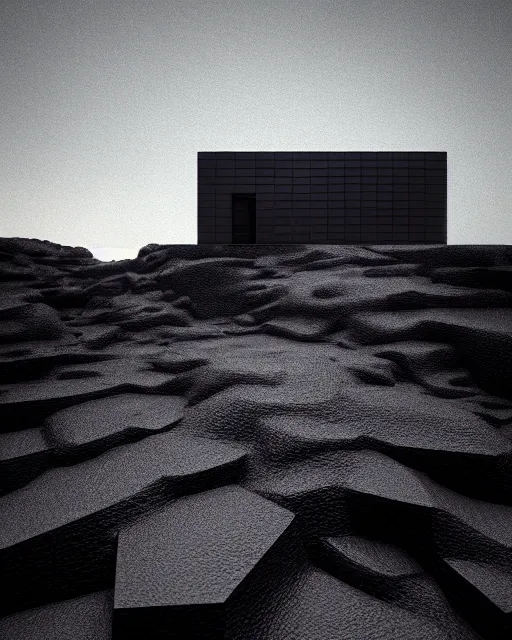 Image similar to tall black geometric house, embedded in lava cliff, full view, black house, molten metal house, minimal, rippled white landscape, dwarven architecture, light from molten iron, octane render, hyper realistic, 8 k, octane render