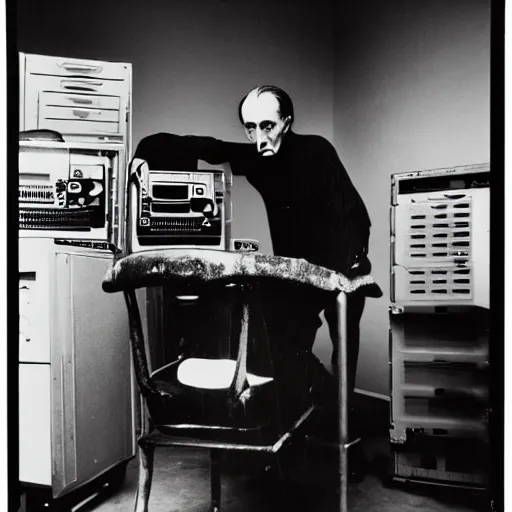 Image similar to underexposed photo of Marcel Duchamp in a machine room full of ancient computers, tri-x, Irving Penn, Jeff Wall, archival pigment print, contemporary art
