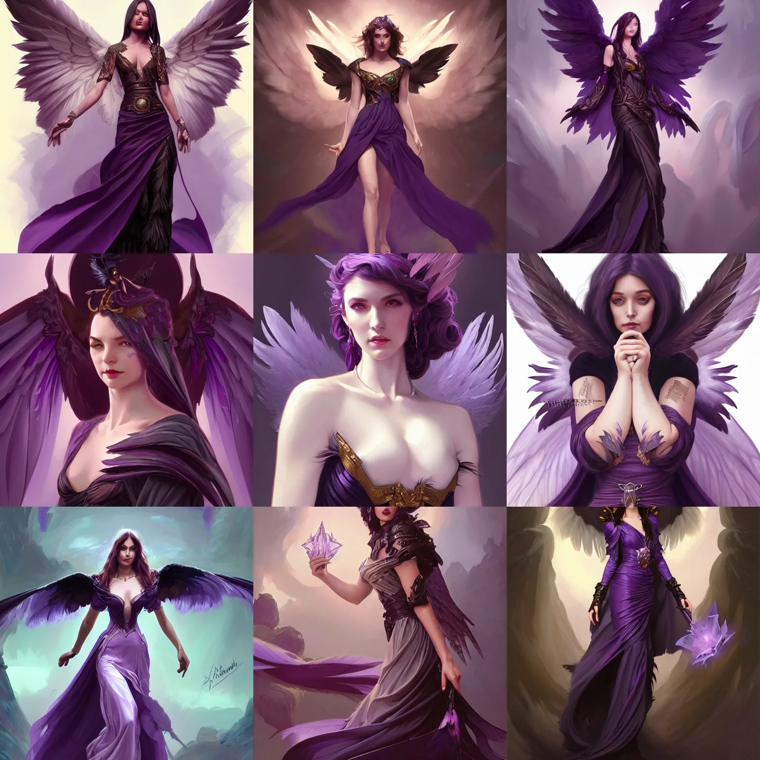 Prompt: female fallen angel, elegant silk dress, black feathers, d & d, fantasy, intricate, friendly, candid, highly detailed, purple color scheme digital painting, artstation, concept art, matte, sharp focus, illustration, hearthstone, art by artgerm and greg rutkowski and alphonse mucha