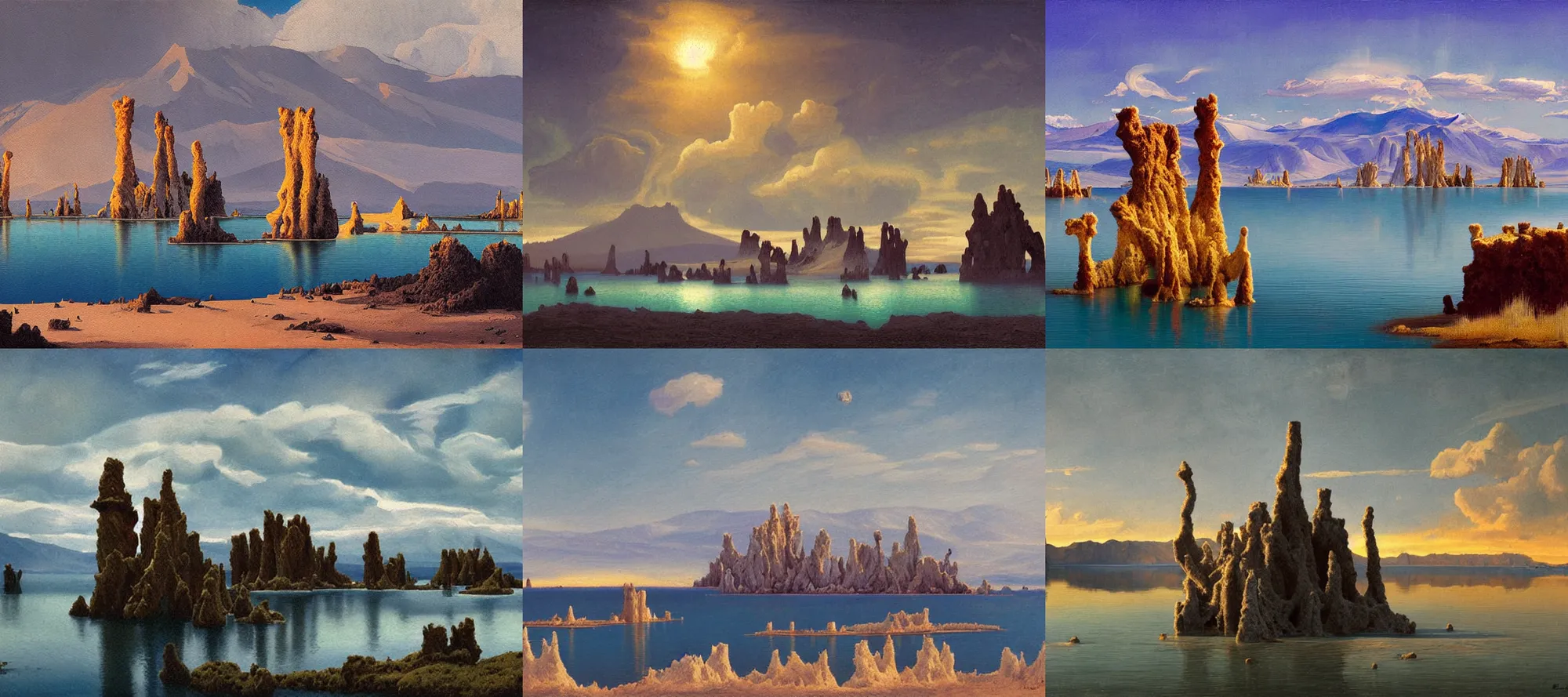 Prompt: Mono Lake landscape in the style of Dr. Seuss, starships, painting by Raphael Lacoste