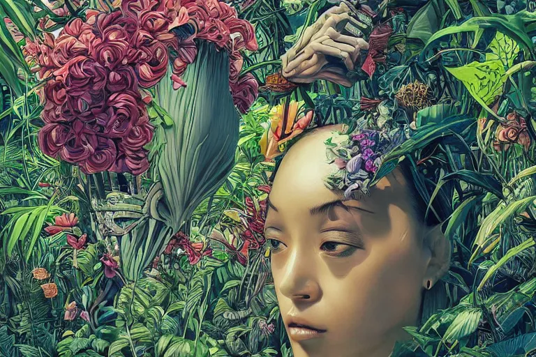 Image similar to gigantic robot head, a lot of exotic vegetation, trees, flowers by moebius, junji ito, tristan eaton, victo ngai, artgerm, rhads, ross draws, hyperrealism, intricate detailed