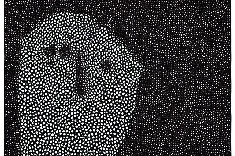 Image similar to black figure with white eyes, faceless people dark, dots, drip, stipple, pointillism, technical, abstract, minimal, style of francis bacon, asymmetry, pulled apart, cloak, hooded figure, made of dots, abstract, balaclava, colored dots