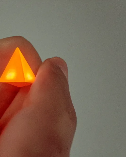 Image similar to a tiny glowing orange pyramid floating above an open hand facing up