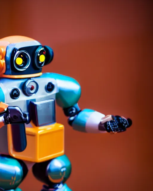 Image similar to high quality presentation photo of a retro toy robot, photography 4k, f1.8 anamorphic, bokeh, 4k, Canon, Nikon