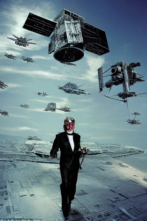 Image similar to a reptilian glamour model walking a catwalk on the edge of a tie fighter, photograph by david lachapelle