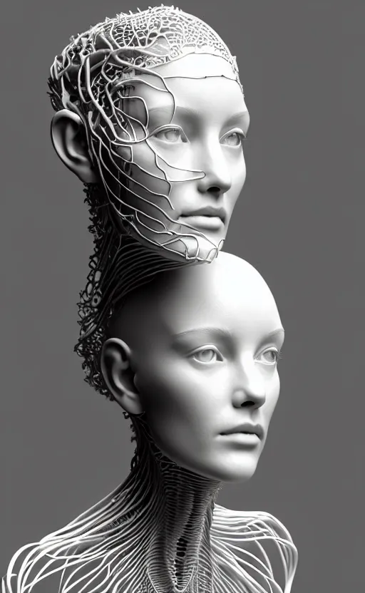 Image similar to complex 3d render ultra detailed of a beautiful porcelain profile woman face, hazel eyes, vegetal dragon cyborg, 150 mm, beautiful natural soft light, rim light, silver white details, roots, fine lace, maze like, mandelbot fractal, magnolia big yellow leaves and stems, anatomical, facial muscles, cable wires, microchip, elegant, white metallic armor, octane render, black and white, H.R. Giger style