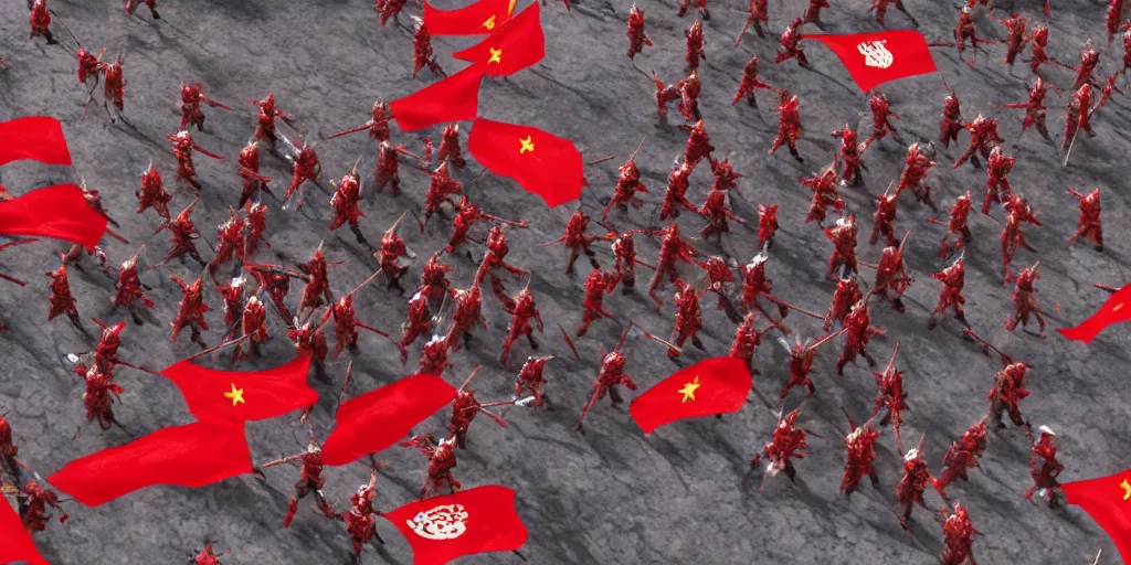 Image similar to overhead mid shot cinematic artwork of a small group of rag tag warriors surrounded by a vast ancient Chinese army wearing red armor and holding red flags on the battlefield by greg rutowski, masterpiece, 4k