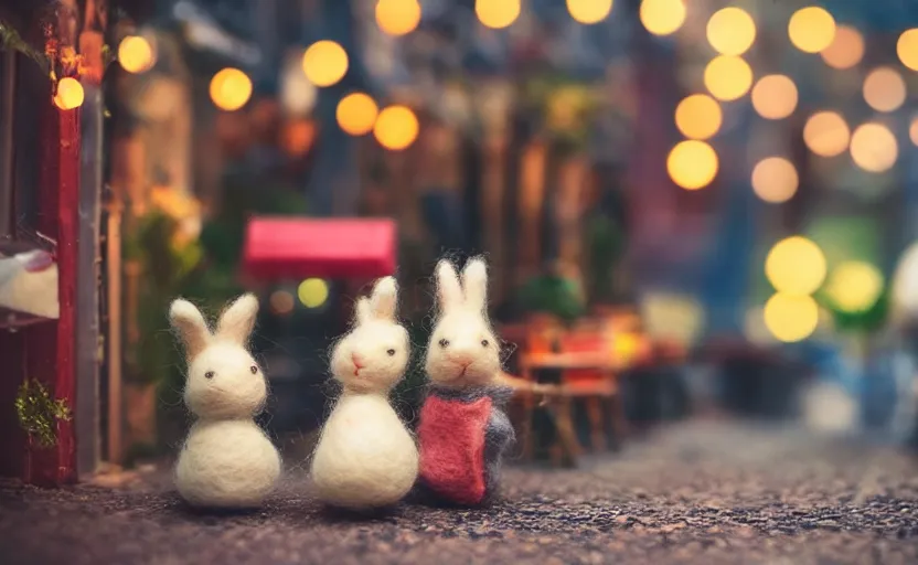 Image similar to miniature cafe diorama macro photography, cafe with felted bunnies, alleyway, ambient, atmospheric, british, cozy, bokeh, romantic, colorful lanterns