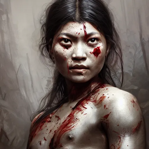 Prompt: portrait painting of a muscular bloodied dark nepali female butcher, ultra realistic, concept art, intricate details, eerie, highly detailed, photorealistic, octane render, 8 k, unreal engine. art by artgerm and greg rutkowski and alphonse mucha