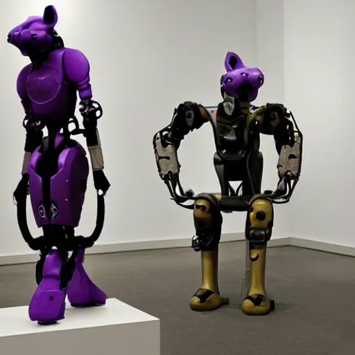 Prompt: boston dynamics spot with a purple paw in a gallery