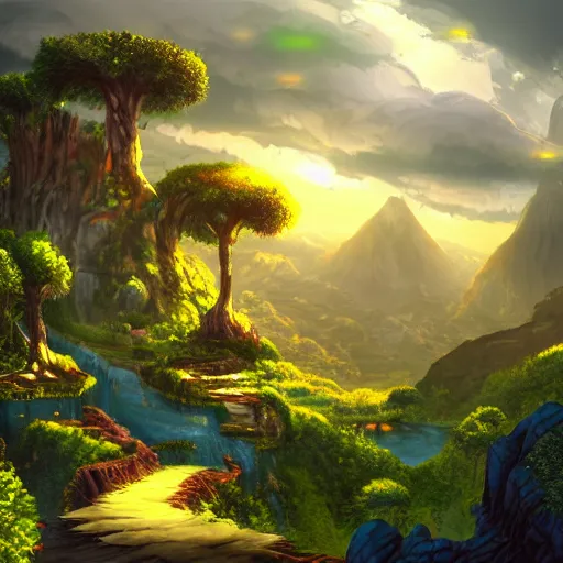 Prompt: way to the beautiful city in a ring of mountains, side-scrolling 2d platformer game level, swirling clouds, fantasy magical vegetation, dramatic dusk sun illuminates areas, volumetric light , detailed, rich color, upscale, fantasy, 8k