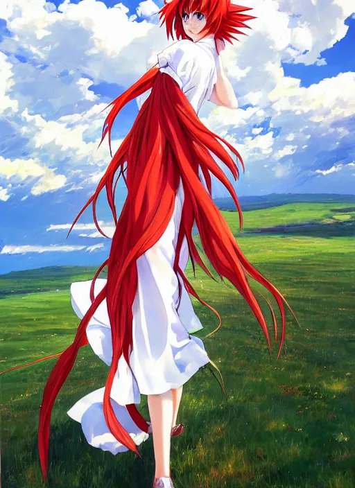 Image similar to portrait of Asuka Soryu Langley from Neon Genesis Evangelion with long wavy red hair in a white dress, countryside, calm, fantasy character portrait, dynamic pose, above view, sunny day, thunder clouds in the sky, artwork by Makato Shinkai and Giuseppe Dangelico Pino and Michael Garmash and Rob Rey, very coherent asymmetrical artwork, sharp edges, perfect face, simple form, 100mm