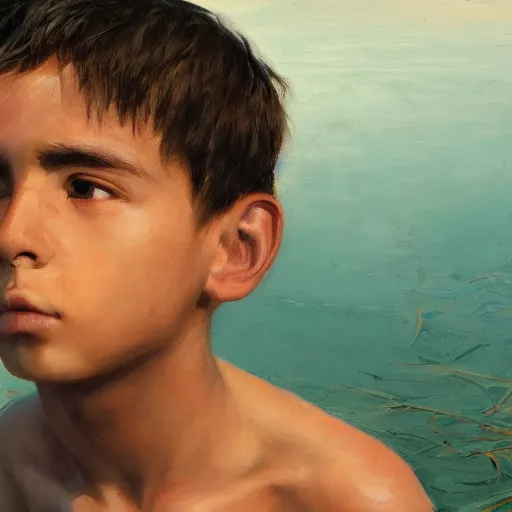 Image similar to in the style of Aurelio Rodríguez and William Whitaker, a boy stand in the lake, close up, very high environmental details, very high facial details, 4K ,