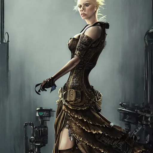 Image similar to beautiful Charlize Theron in detailed steampunk dress, smooth, sharp focus, illustration, realistic, cinematic, artstation, cinematic, award winning, original modern artwork, set on Singaporean aesthetic, rgb ethereal lighting,8k