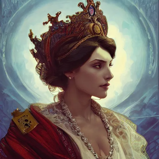 Prompt: hungarian empress, portrait, D&D, fantasy, highly detailed, digital painting, artstation, concept art, sharp focus, illustration, art by artgerm and greg rutkowski and alphonse mucha