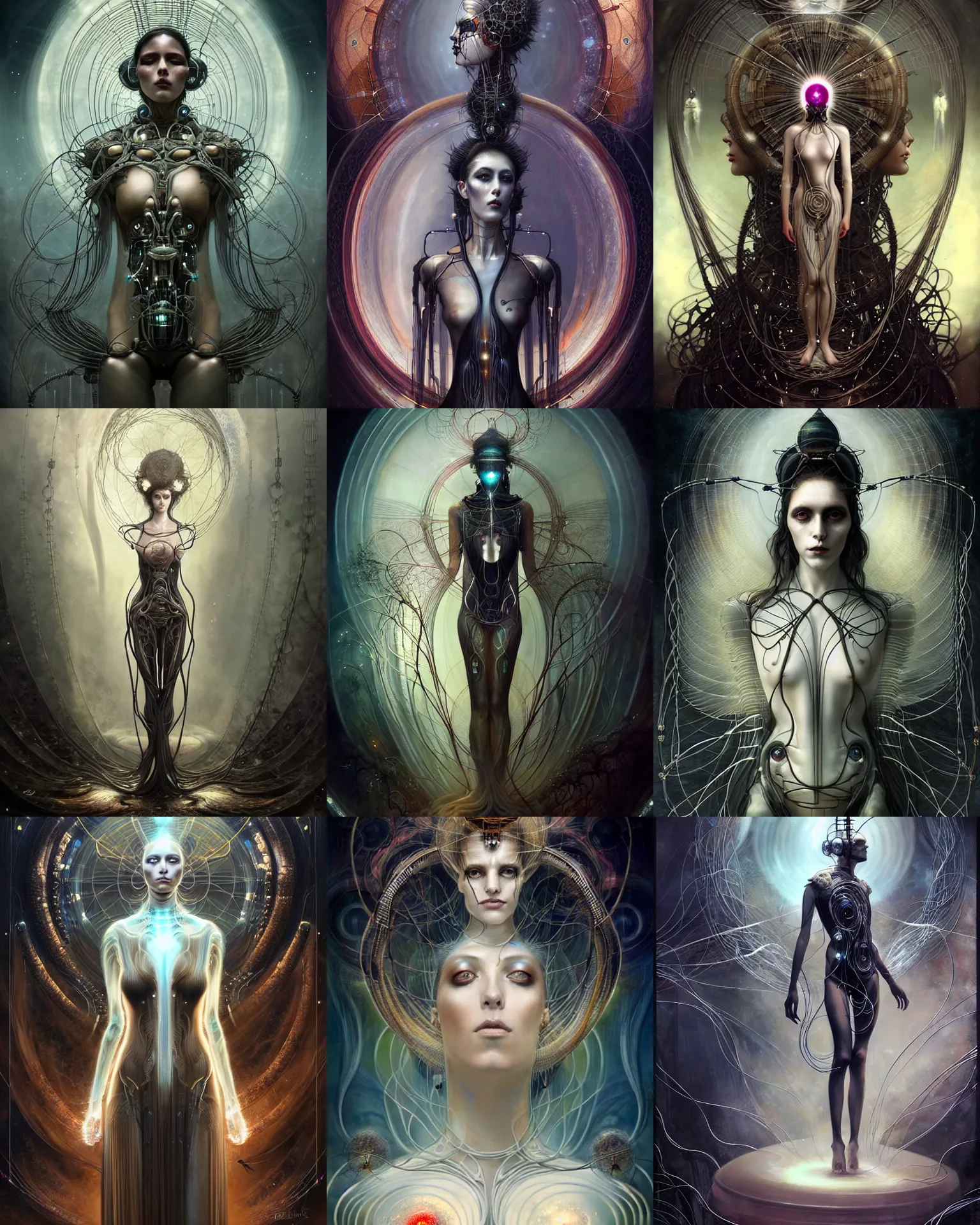 Prompt: karol bak and tom bagshaw and bastien lecouffe - deharme full body symmetrical character portrait of the beautiful borg queen of sentient parasitic flowing ai, ethereal rebirth, floating in a powerful zen state, beautiful and ominous, wearing combination of mecha and bodysuit made of wires and garland, nature in the background, scifi character render