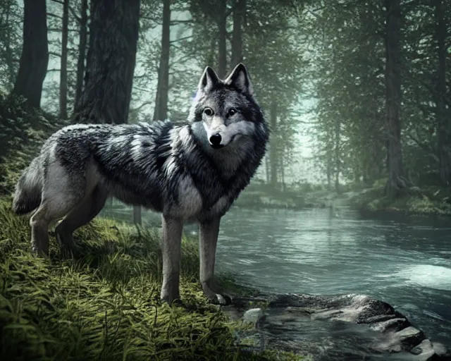 Image similar to a wolf standing on a riverbank in a forest, natural lighting, very coherent, ultra realistic, concept art, intricate details, highly detailed, photorealistic, octane render, 8 k, unreal engine