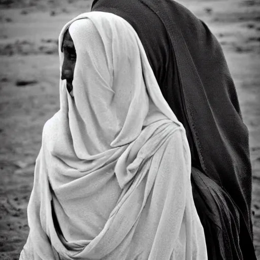 Image similar to beautiful burqa's woman, ride horse in saharan, dress like taliban, sharp eyes, detailed face, white skin, beautiful tatted hands, handling riffle on chest, shooting pose, dust, cinematic, dynamic pose, pinterest