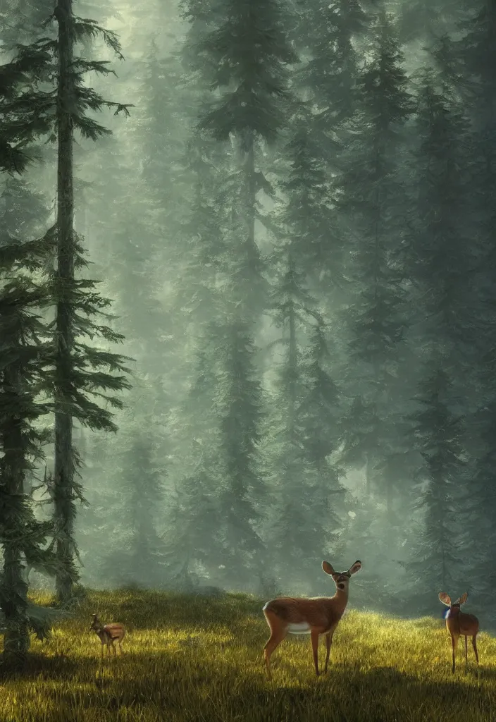 Image similar to deer on the background of a tall spruce forest, painting by Craig Mullins, octane rendering, soft morning lighting, wide angle lens, in the style of Hayao Miyazaki, trending on artstation,