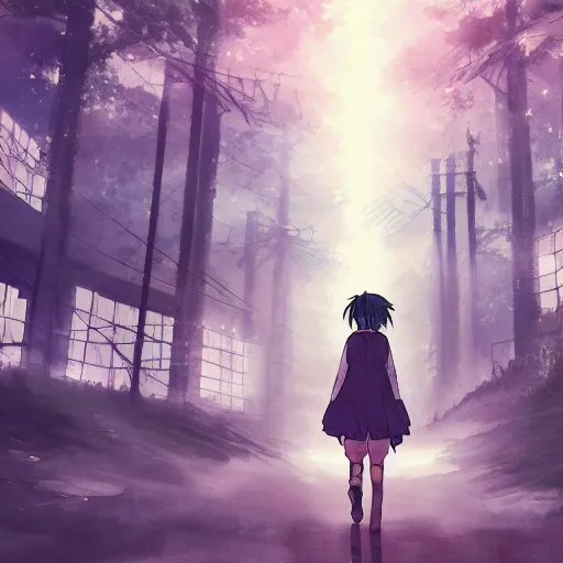 Prompt: anime, incredible wide screenshot, ultrawide, watercolor, rough paper texture, ghost in the shell movie scene, girl in a dress walking through the beautiful forest, lanterns, wood bridges, night outdoors, fireflies!!!, fog, dust