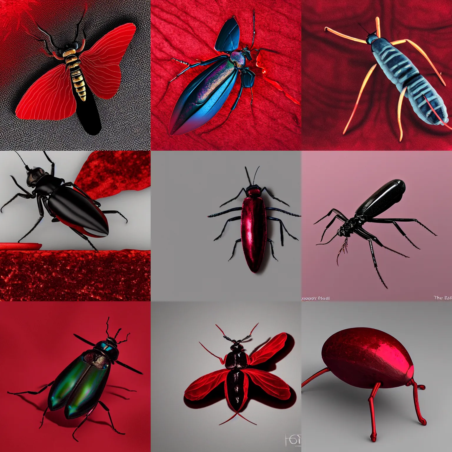 Prompt: obsidian insect over a red velvet cloth photorealistic octane