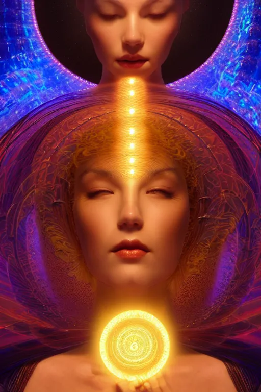 Prompt: a centered render of a goddess emitting a glorious energy from a circular portal on her head and is surrounded by spiral mandel bulb fractals, powerful, cinematic, beautifully lit, by artgerm, by karol bak, 3 d, trending on artstation, octane render, 8 k