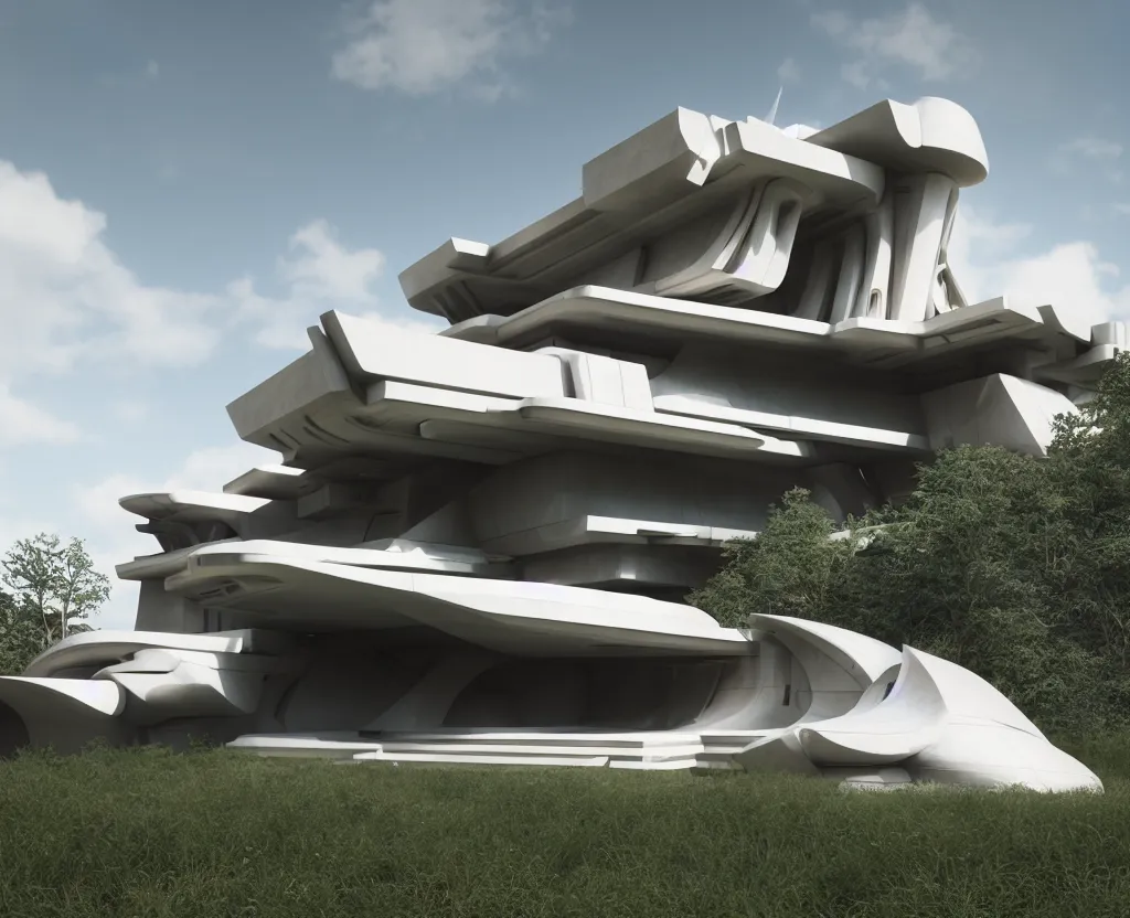 Image similar to futuristic sci-fi articulate rural architectural masterpiece by frank Lloyd wright and Zaha hadid, detailed, octane render, photo realism, 3D, ray tracing, photo realism