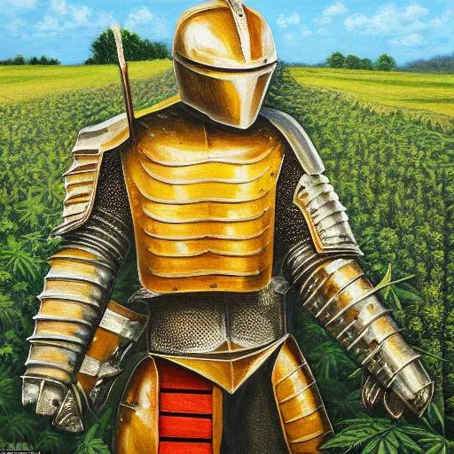 Image similar to a detailed oil painting of a full armored knight, dancing in a field of cannabis plants
