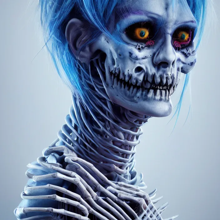 Image similar to portrait of female alt model with blue hair as a skeleton. intricate abstract. intricate artwork. nightmare fuel. by Tooth Wu, wlop, beeple, dan mumford. octane render, trending on artstation, greg rutkowski very coherent symmetrical artwork. cinematic, hyper realism, high detail, octane render, 8k, iridescent accents