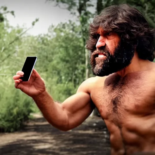 Prompt: a caveman using an iPhone
