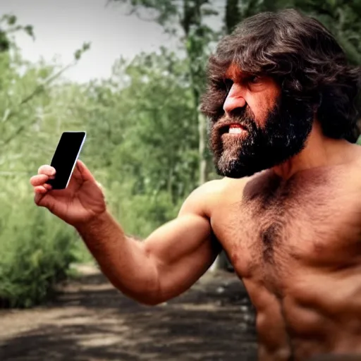 Image similar to a caveman using an iPhone